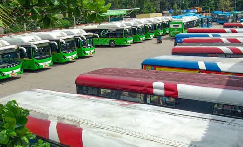 Telangana TGSRTC buses parked at depot ahead of staff grievance talks.