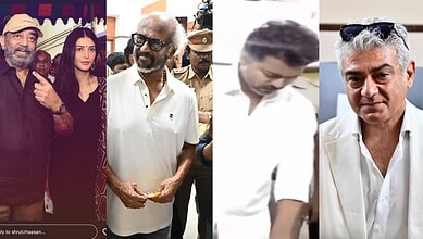 Tamil Nadu celebrities Rajinikanth, Vijay, Ajith casting their votes in the 2026 elections.