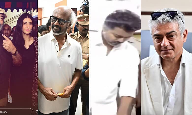 Tamil Nadu celebrities Rajinikanth, Vijay, Ajith casting their votes in the 2026 elections.