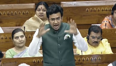 BJP MP Tejasvi Surya compares bifurcation of AP and Telangana with partition of India and Pakistan during the Lok Sabha session on Thursday, April 16, 2026.