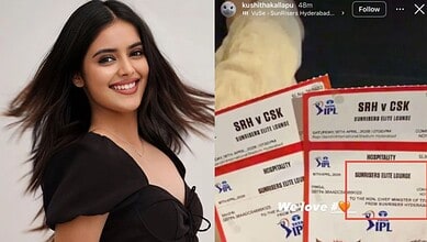 Actress holding SRH vs CSK IPL match tickets, highlighting cricket event in Telangana.