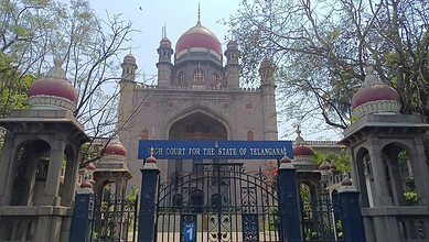 Telangana High Court in Hyderabad, with its historic architecture and prominent entrance.