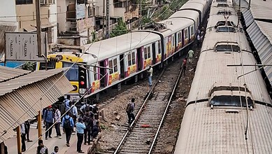 A coach of an empty local train derailed near Dombivli station in Maharashtra's Thane district on Monday, April 20.