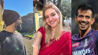 A collage of three images: Virat Kohli outdoors, LizLaz smiling in traditional attire, and Kohli in crick.