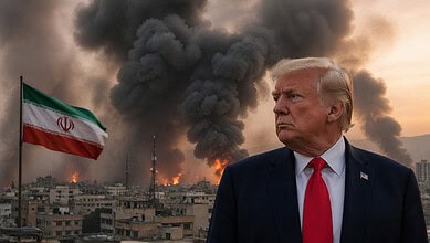 Donald Trump overlooking Tehran with smoke and fire in the background.