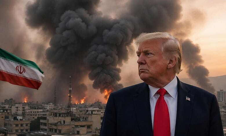 Donald Trump overlooking Tehran with smoke and fire in the background.