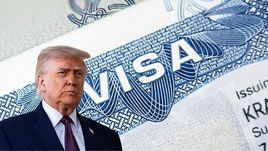 Close-up of a US visa with Donald Trump in front, highlighting the exclusive 'gold card' visa starting at.
