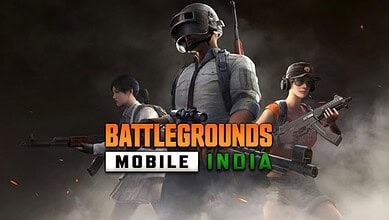 Three players in tactical gear with weapons, promoting BGMI as India's top mobile esports platform.
