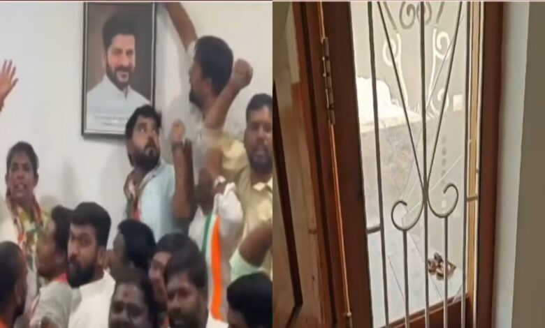 Congress workers place CM Revanth photo inside KCR’s Gajwel office, spark row