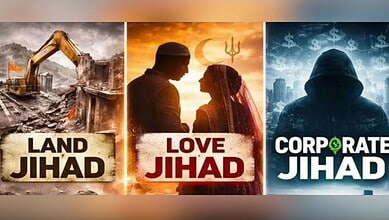 Collage of images representing land disputes, romantic love, and financial crime related to jihad themes.