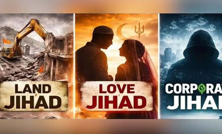 Collage of images representing land disputes, romantic love, and financial crime related to jihad themes.