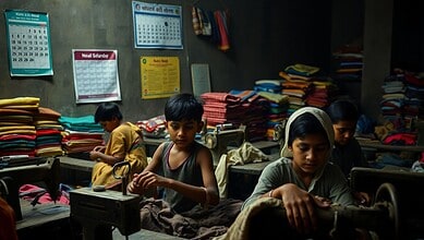 Children sorting clothes in a textile workshop, surrounded by stacks of fabric and garments.