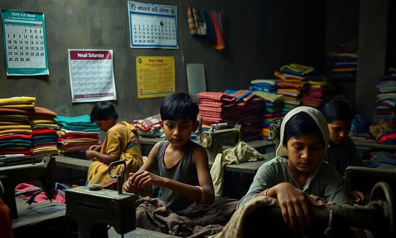 Children sorting clothes in a textile workshop, surrounded by stacks of fabric and garments.