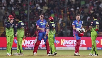 Cricket players celebrating after Miller's last-over win in Delhi, with Stubbs and Rahul setting up a thr.