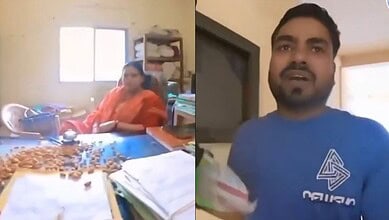 A woman and a man discussing health benefits of eating almonds in a home setting.