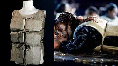 Life jacket used by Titanic survivor, auctioned for over $900,000, displayed on a mannequin and worn by a.