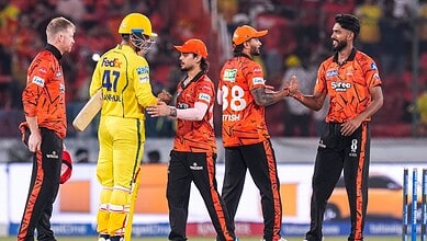 SRH players Malinga, Nitish, and Shivang shake hands after a cricket match against CSK.