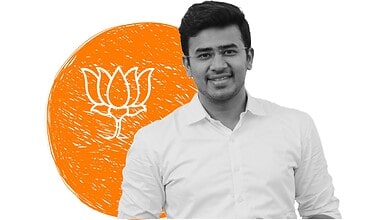 Tejaswi Surya speaking at Siasat Daily event, political leader in India, BJP representative.