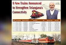 Announcement of 8 new trains to Telangana with schedules and destinations, featuring Prime Minister Naren.