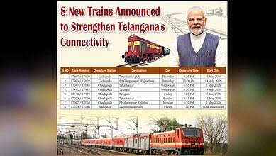 Announcement of 8 new trains to Telangana with schedules and destinations, featuring Prime Minister Naren.