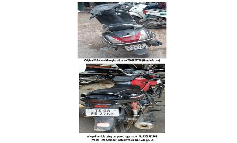 Image shows two vehicles with tampered registration plates, highlighting illegal use of fake number plate.