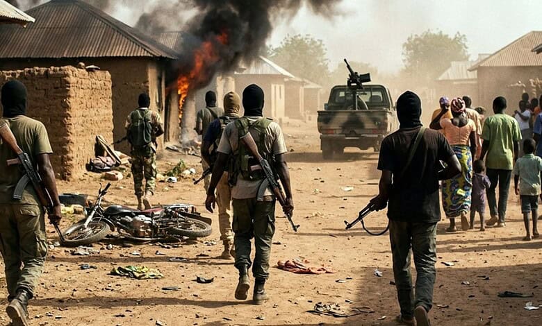 Armed militants attack a Nigerian village, setting homes on fire and causing chaos among residents.
