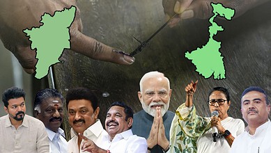 Indian voters casting ballots in Bengal and Tamil Nadu during first phase elections, with political leade.
