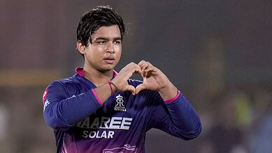 Young cricketer Sooryavanshi celebrates after scoring a century for Rajasthan Royals in IPL 2026 match ag.
