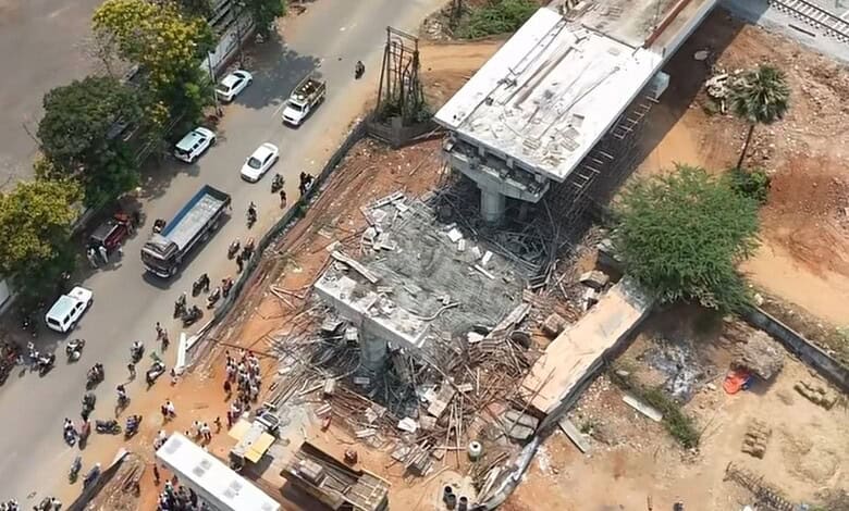 Collapsed under-construction bridge in Visakhapatnam with injured people and debris.