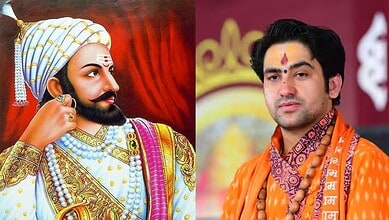 Portrait of Chhatrapati Shivaji and Dhirendra Shastri during a public event.