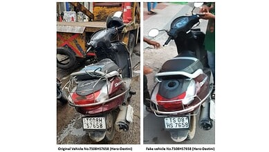 Side-by-side comparison of authentic and counterfeit scooters showing differences in design and features.