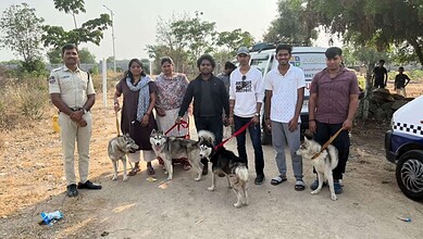 Rescue team with Huskies in Hyderabad's Shankarpally after abandonment incident.