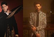 Vijay Varma poses in a fashionable black and gold outfit, highlighting his style for a celebrity photosho.