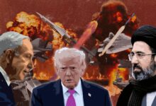 Explosion and missile imagery with political figures in the foreground.