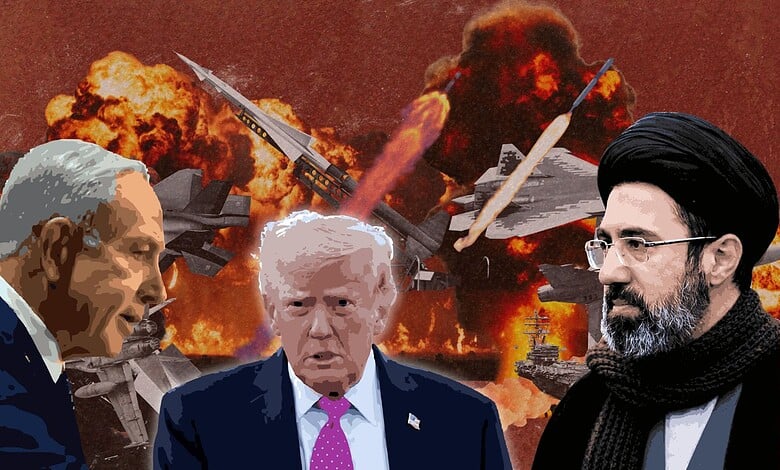 Explosion and missile imagery with political figures in the foreground.