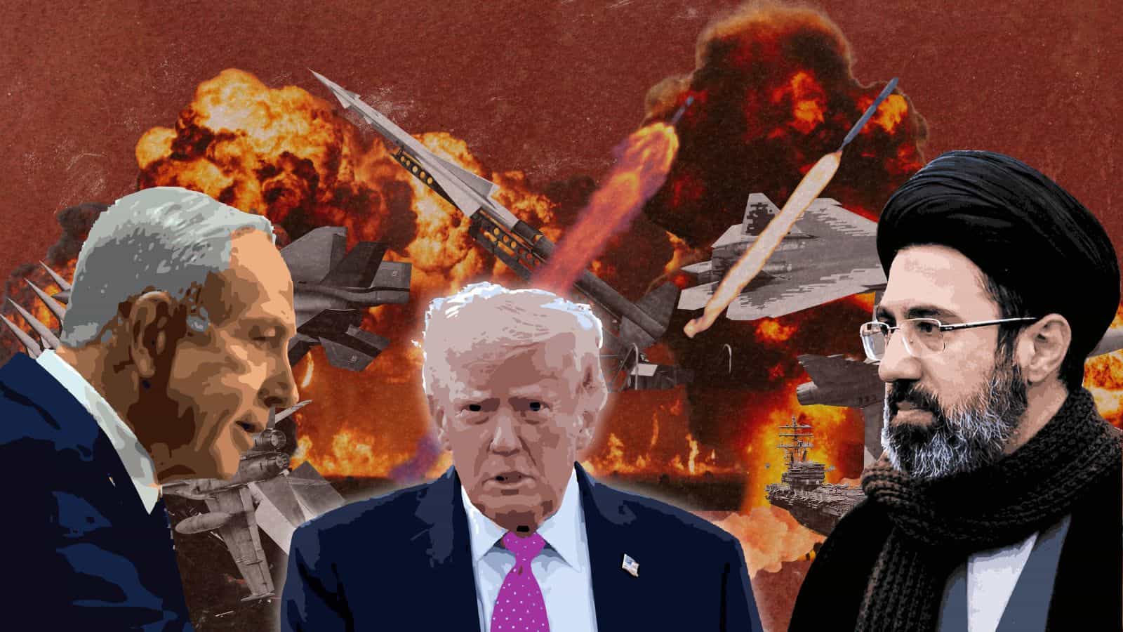 Explosion and missile imagery with political figures in the foreground.