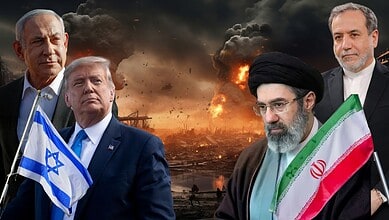 US and Iranian officials with flags, against a backdrop of explosions and smoke.