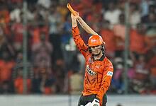 Abhishek hits a six, leading Sunrisers Hyderabad to a commanding 242/2 against Delhi Capitals.
