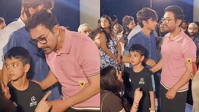 Aamir Khan's girlfriend Gauri Spratt's son making a rare appearance at a public event, surrounded by fans.