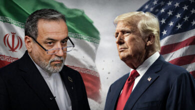 Iran’s Foreign Minister Abbas Araghchi and US President Donald Trump shown in a split-image graphic with Iranian and US flags in the background.