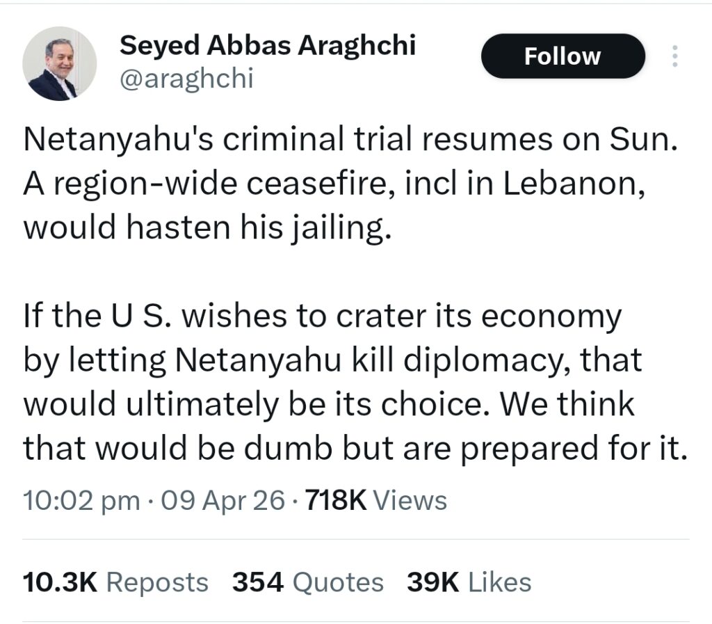 Iran’s foreign minister Abbas Araghchi posts on X criticising Netanyahu and linking ceasefire to his trial.