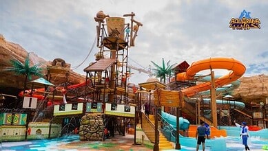 Aquarabia water park play area with colourful slides and splash structures in Saudi Arabia.