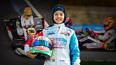 Atiq Mir, a talented female kart racer from Dubai, poses with her helmet after winning a race, highlighti.