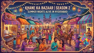Vibrant night market scene at Khane Ka Bazaar Season 2 in Hyderabad, featuring colourful stalls, lively c.