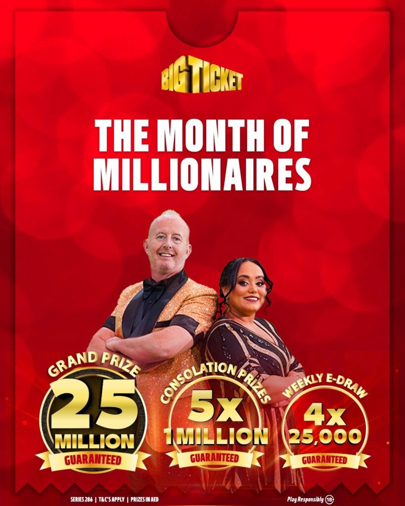 Big Ticket April promotion poster showing Dh25 million grand prize and multiple rewards.