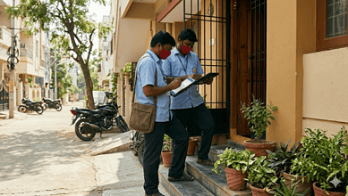 Students conducting census survey outside a house in Hyderabad, wearing masks and holding clipboards.