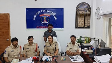 Police Cyber Cell team at Mijapur Police Station, India, investigating cybercrime cases with officers sea.