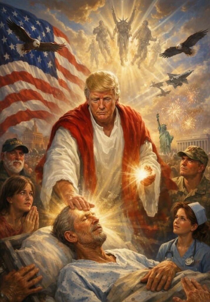 AI image of Donald Trump portrayed as Jesus performing healing with US symbols in background.