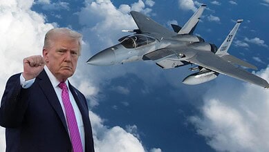 Former US President Donald Trump gesturing with a fighter jet in the background.