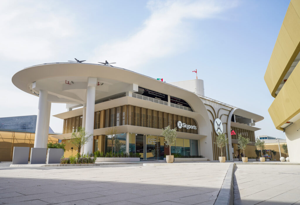 Wide view of Dubai’s newly completed air taxi station building and landing platform.